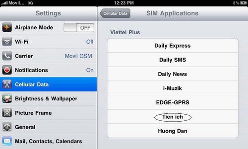 Nạp thẻ Viettel vào Sim 3G cho Ipad trong mục settings Nạp thẻ Viettel vào Sim 3G cho Ipad trong mục settings