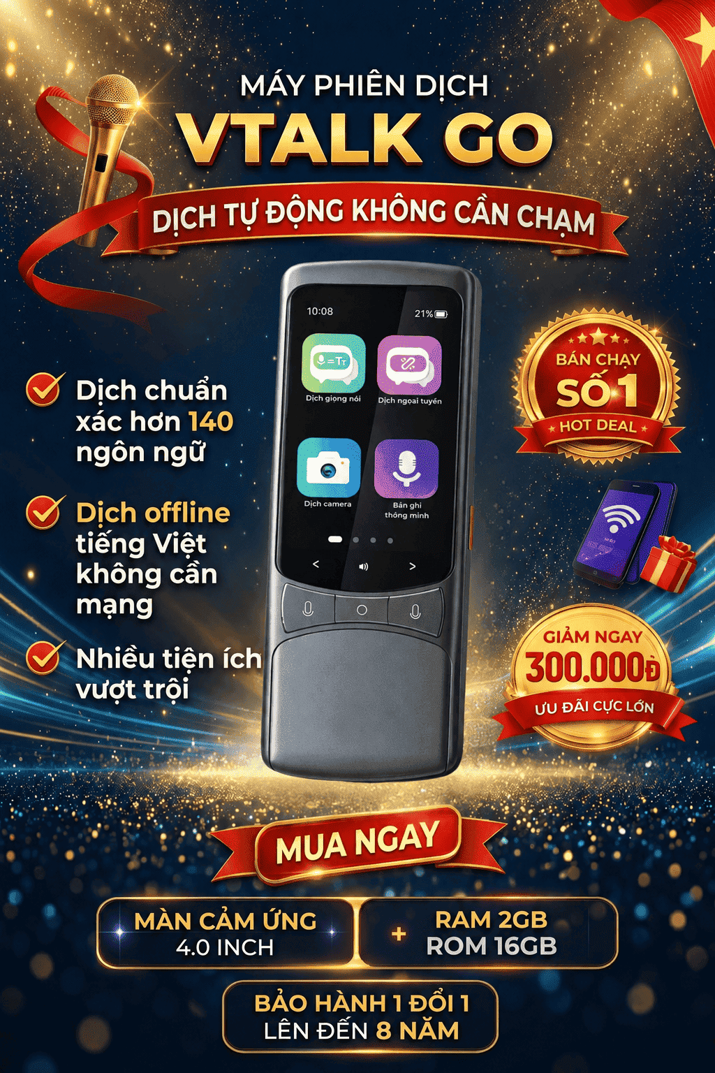 Máy Phiên Dịch VTalk Go Pro 2026 – Máy Phiên Dịch Mang Thương Hiệu Việt Nam Được Tích Hợp Esim Dùng Toàn Cầu