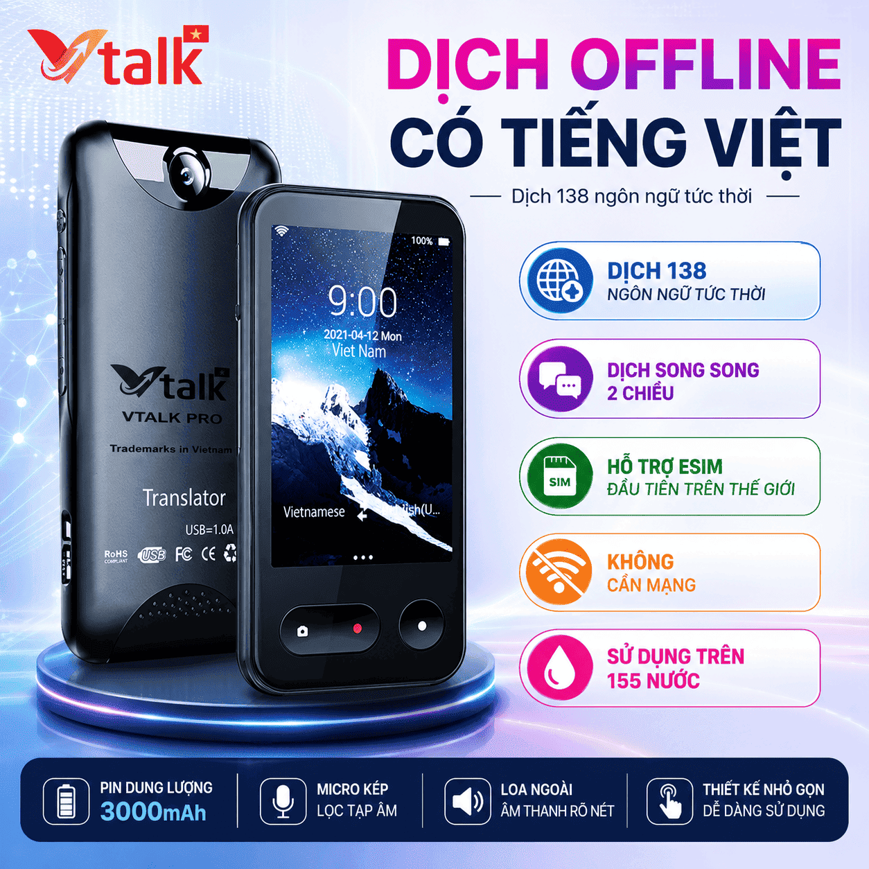 Máy Phiên Dịch VTalk Go Pro 2026 – Máy Phiên Dịch Mang Thương Hiệu Việt Nam Được Tích Hợp Esim Dùng Toàn Cầu